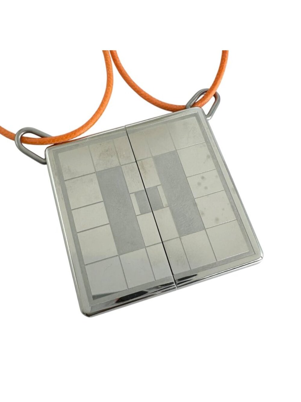 Hermes Symbol Pendant Leather Metal Orange Silver Necklace